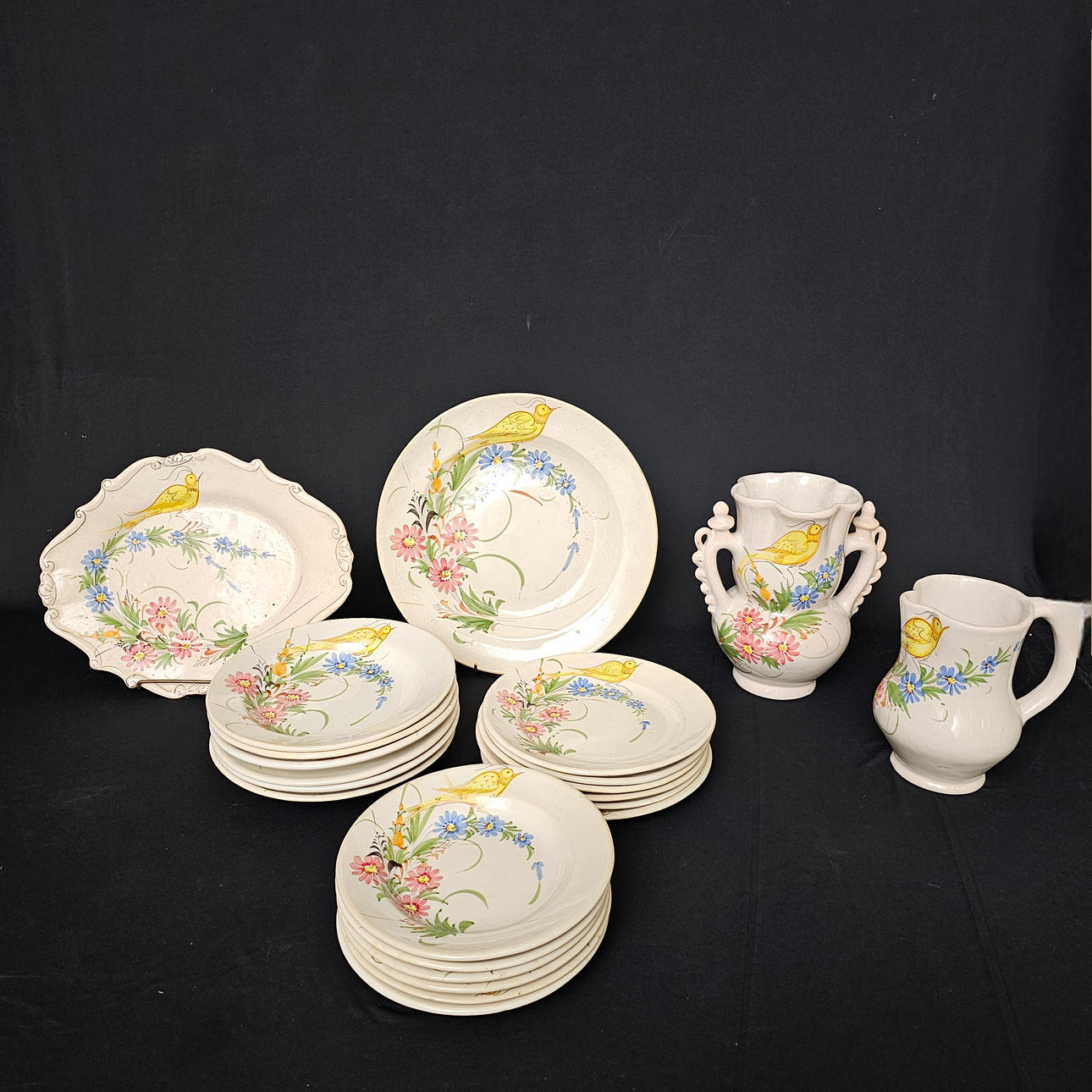 HAND PAINTED PORCELAIN TABLEWARE, SIGNED LARIO.