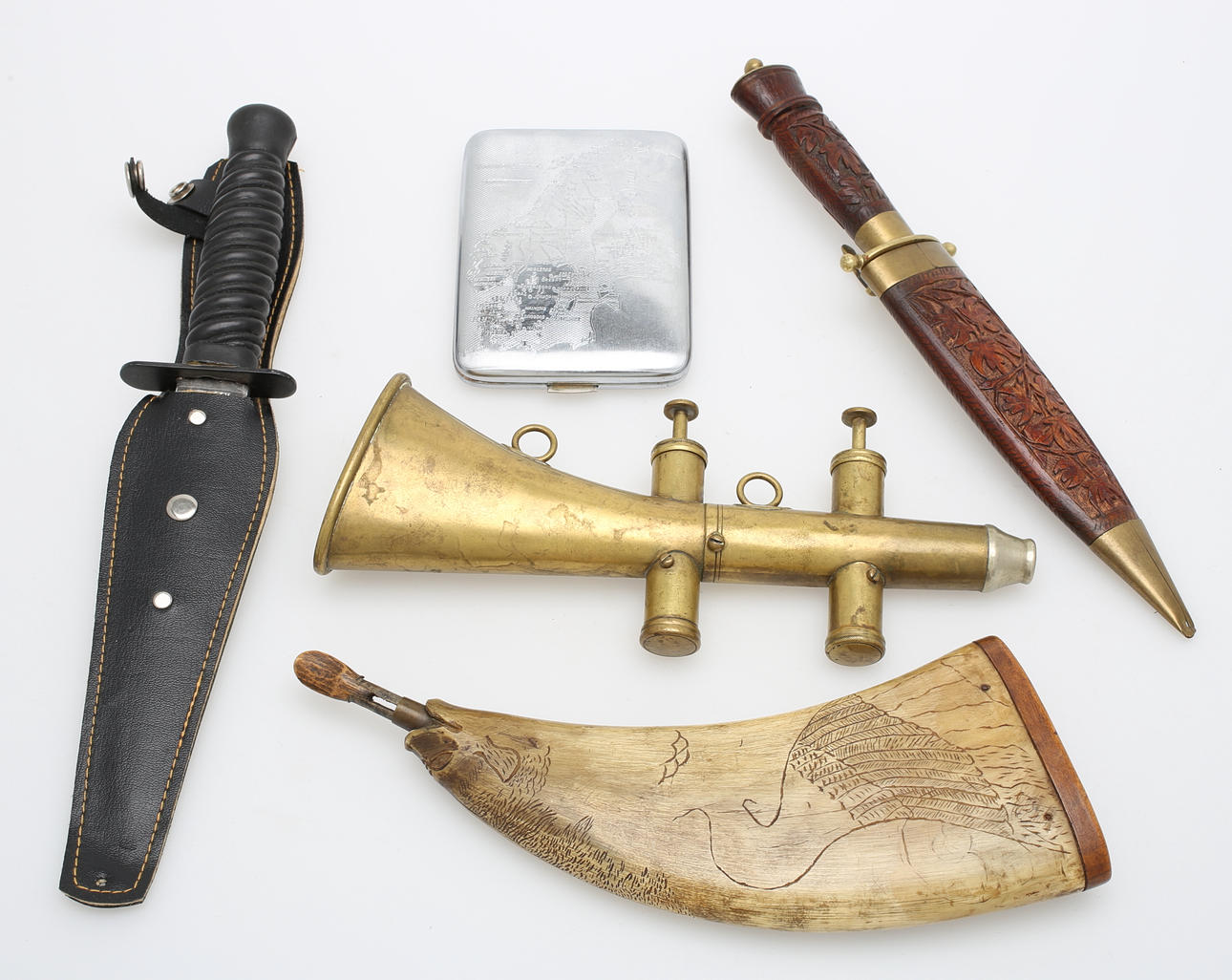 KNIVAR, 2 st, KRUTHORN, JAKTHORN, ETUI.