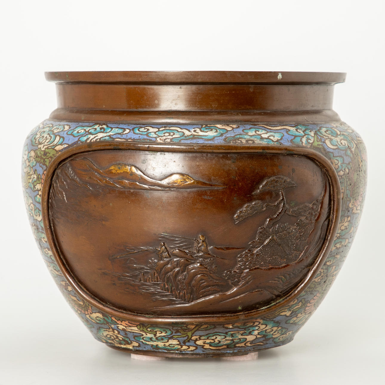 Weihrauchbecken / Übertopf, Bronze, Champlevé, Japan, Meiji- /Taishō-Periode.