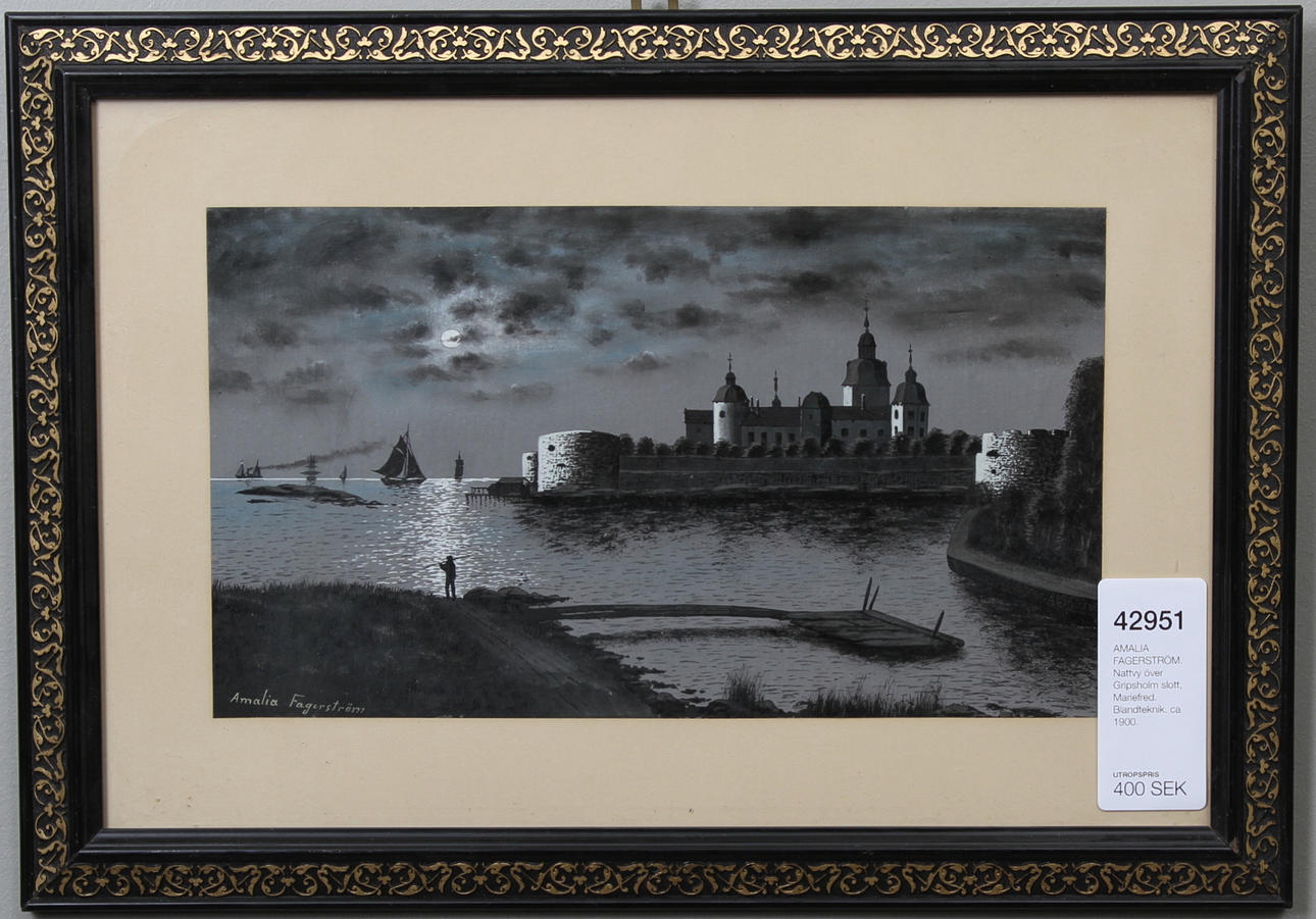 AMALIA FAGERSTRÖM. Nattvy över Gripsholm slott, Mariefred. Blandteknik. ca 1900.