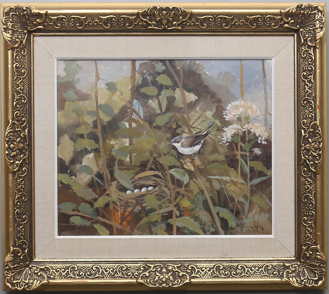 CARL LJUNGSTRÖM. "Ärtsångare" Olja på duk. Signerad.