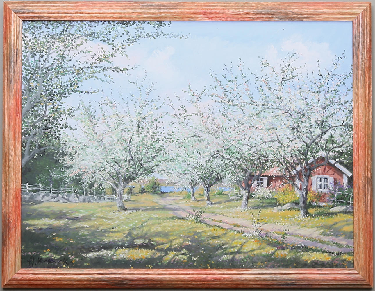 ALEXANDER KUNICKI. Blommande körsbärsträd i gårdsmiljö. Olja på duk. Signerad.