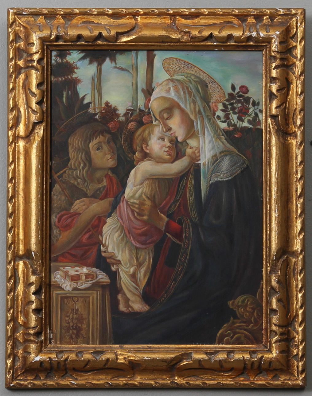 OKÄND KONSTNÄR. Madonna med barn. Olja på pannå. Osignerad.