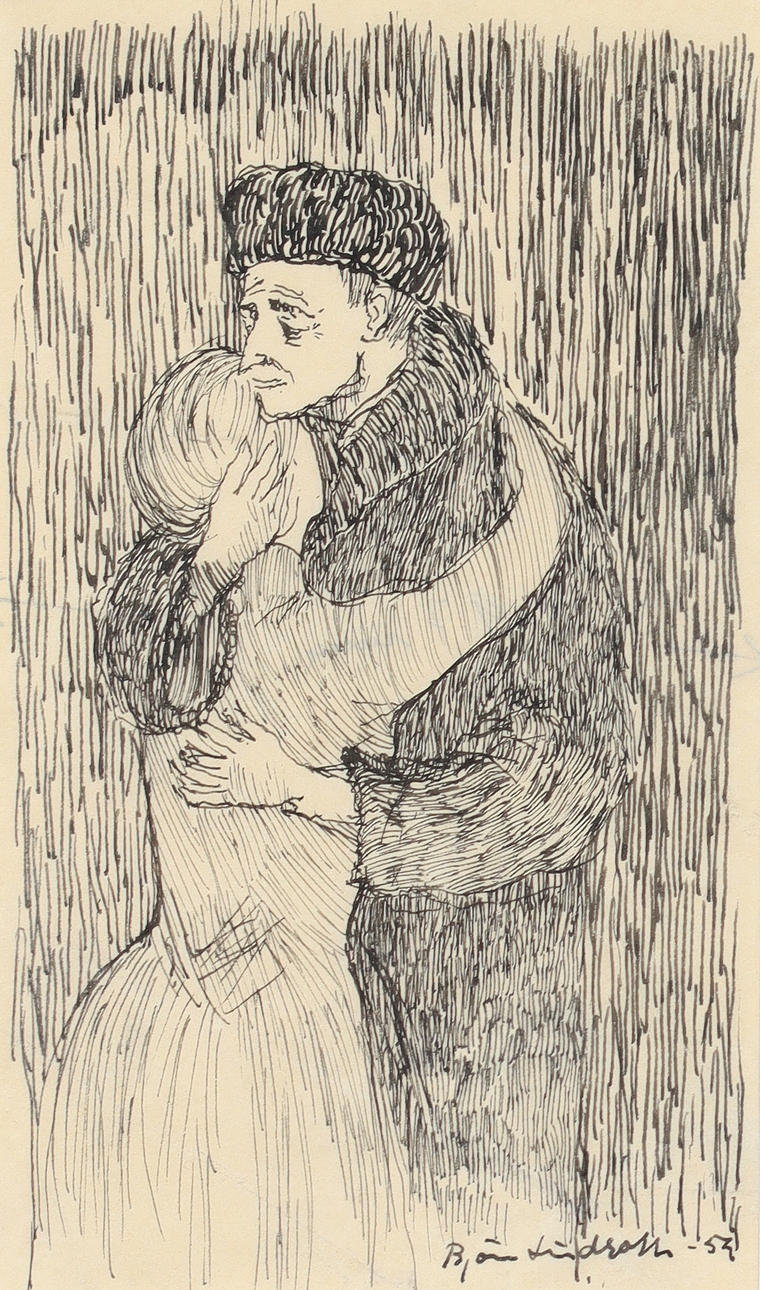 BJÖRN LINDROTH. Embrace, ink, signed and dated -53.