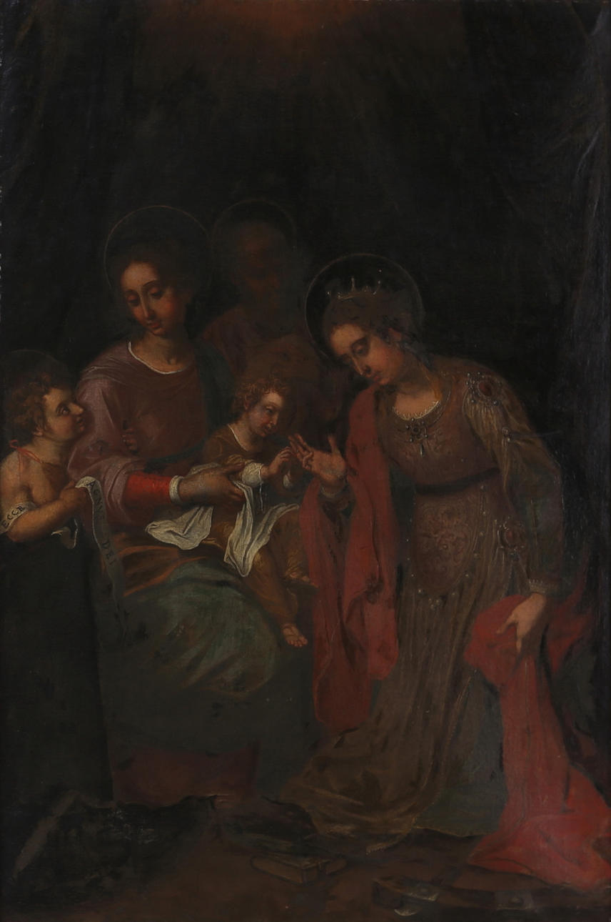 OIDENTIFIERAD ITALIENSK KONSTNÄR. Jungfru Maria med St Anna, Jesusbarnet, Josef och Johannes Döparen, olja på duk, 16/1700-tal.