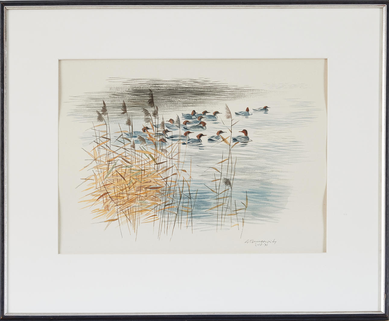 GUNNAR BRUSEWITZ. motif of waterfowl, mixed media on paper, signed and dated -71.