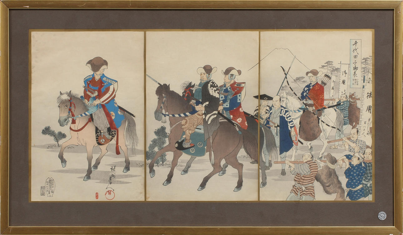 OIDENTIFIERAD KONSTNÄR. Figurscen med ryttare, träsnitt, Japan.