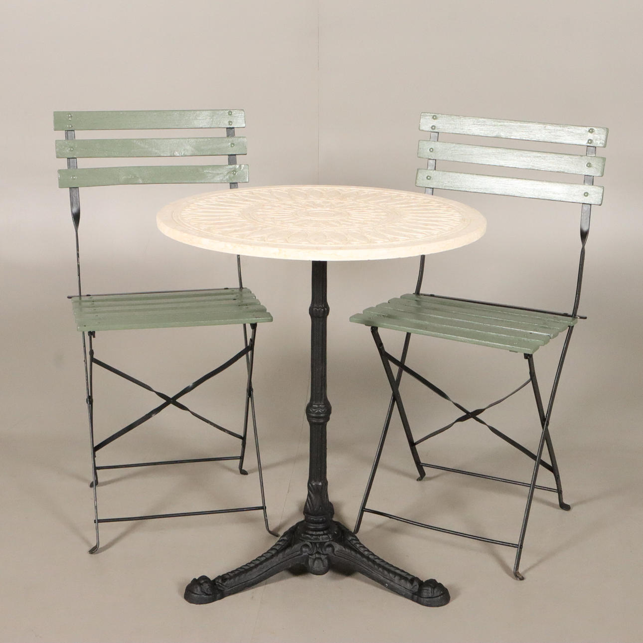 CAFEMÖBLER, 3 delar, trä/metall/sten.