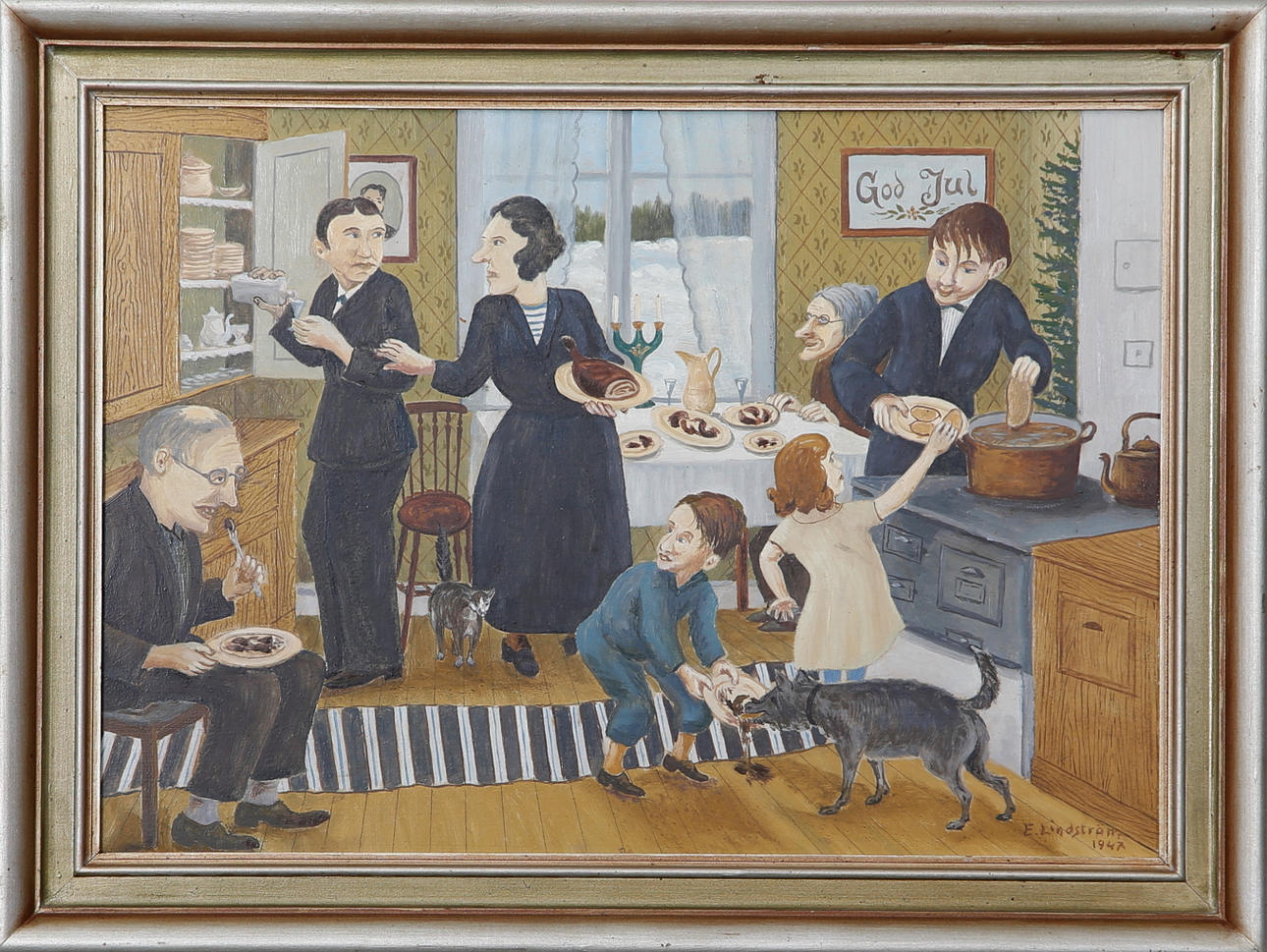 OKÄND KONSTNÄR. Olja på pannå, Julfirande, signerad E. Lindström 1947.