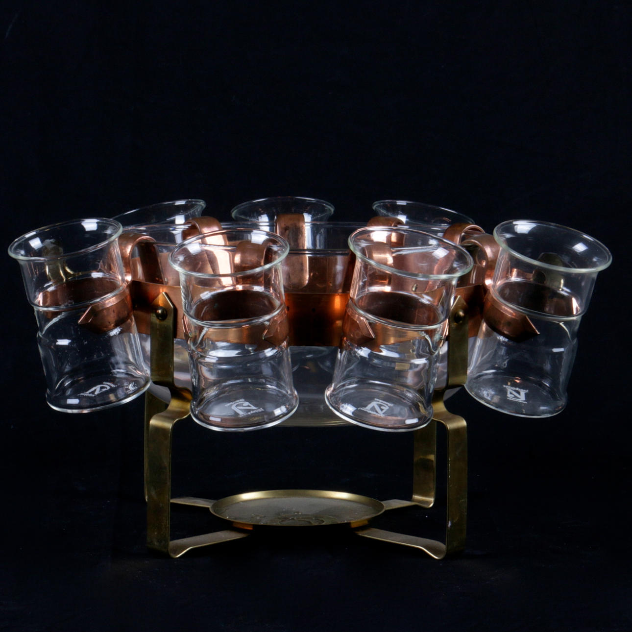 GLÖGGSET, 8 delar, glas och koppar, Nils Johan, 1900-tal.