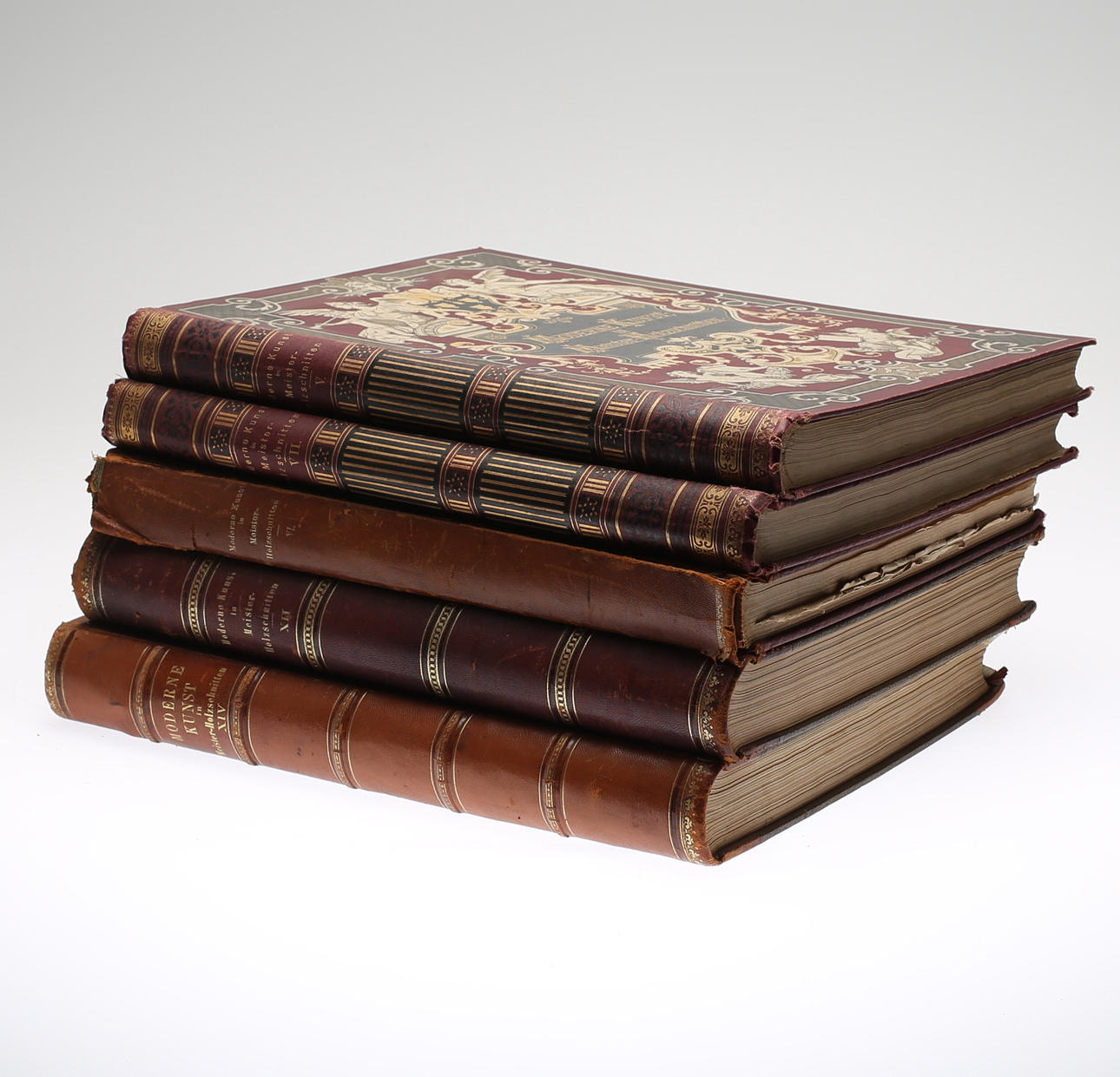 KONSTBÖCKER, 5 st, "Moderne Kunst in Meister-Holzschnitten, Verlag von Rich. Bong, Berlin, 1800-talets slut.