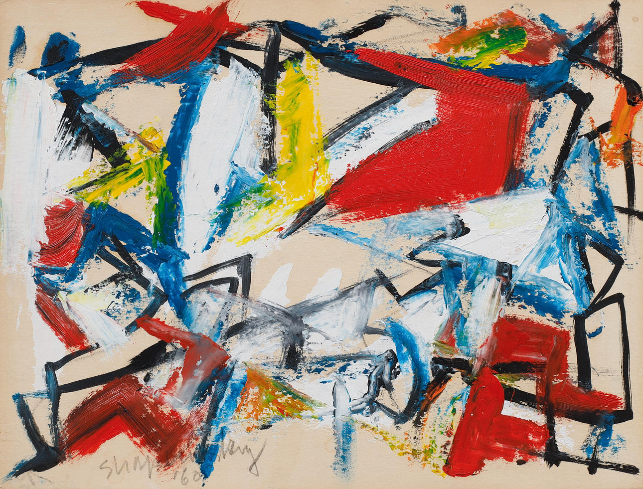 HAROLD SHAPINSKY. Composition. Oil/gouache on paper. Executed in 1960.