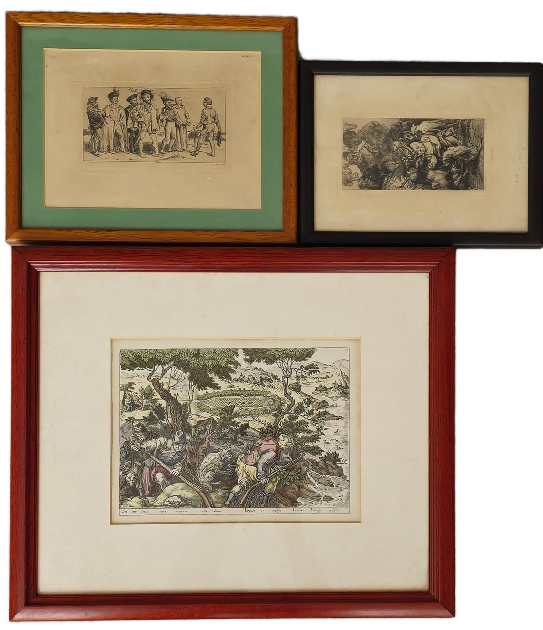 THREE ENGRAVINGS ON PAPER. FRAMED.