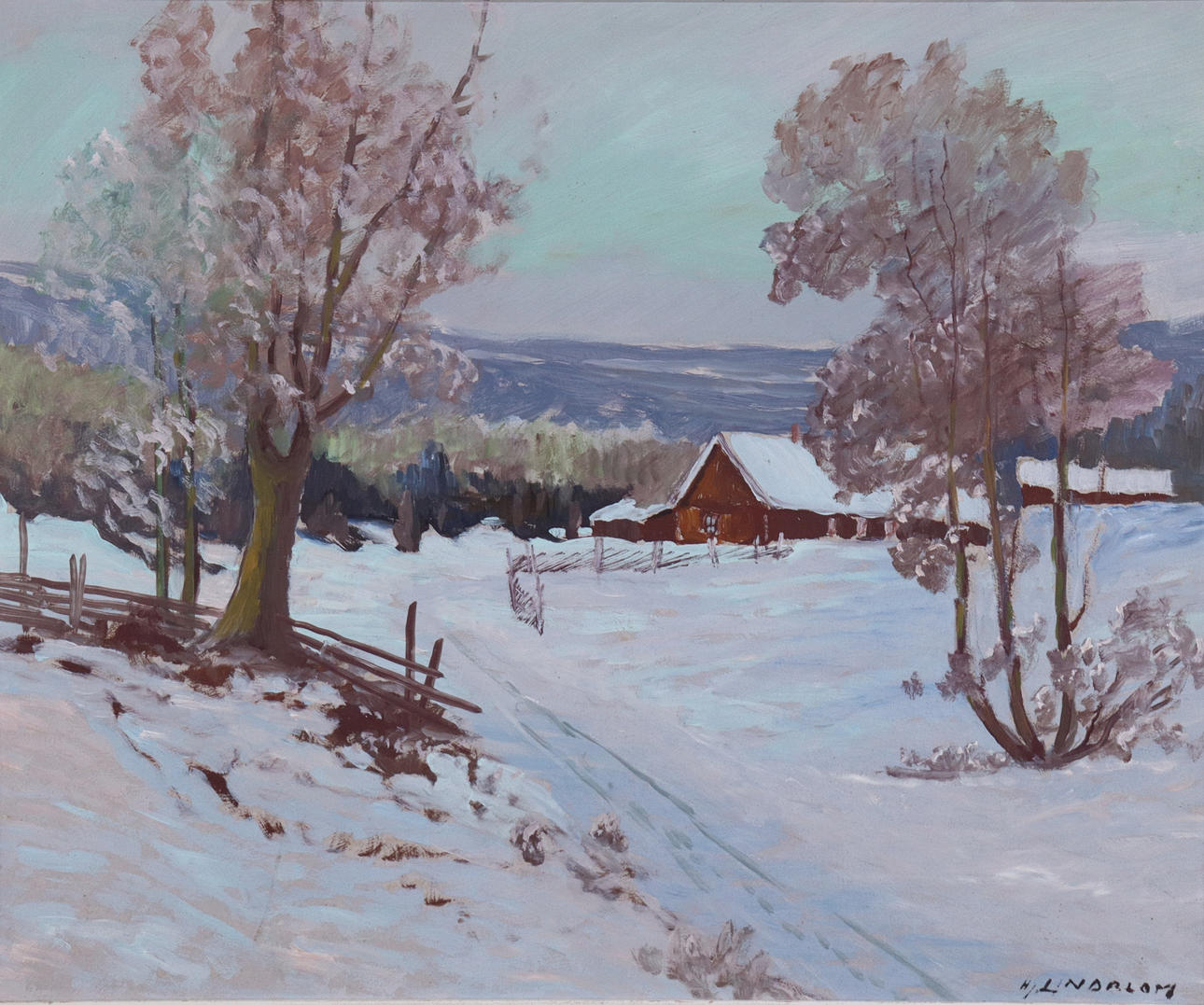 HJALMAR LINDBLOM. Öl auf Holz, Winterlandschaft.