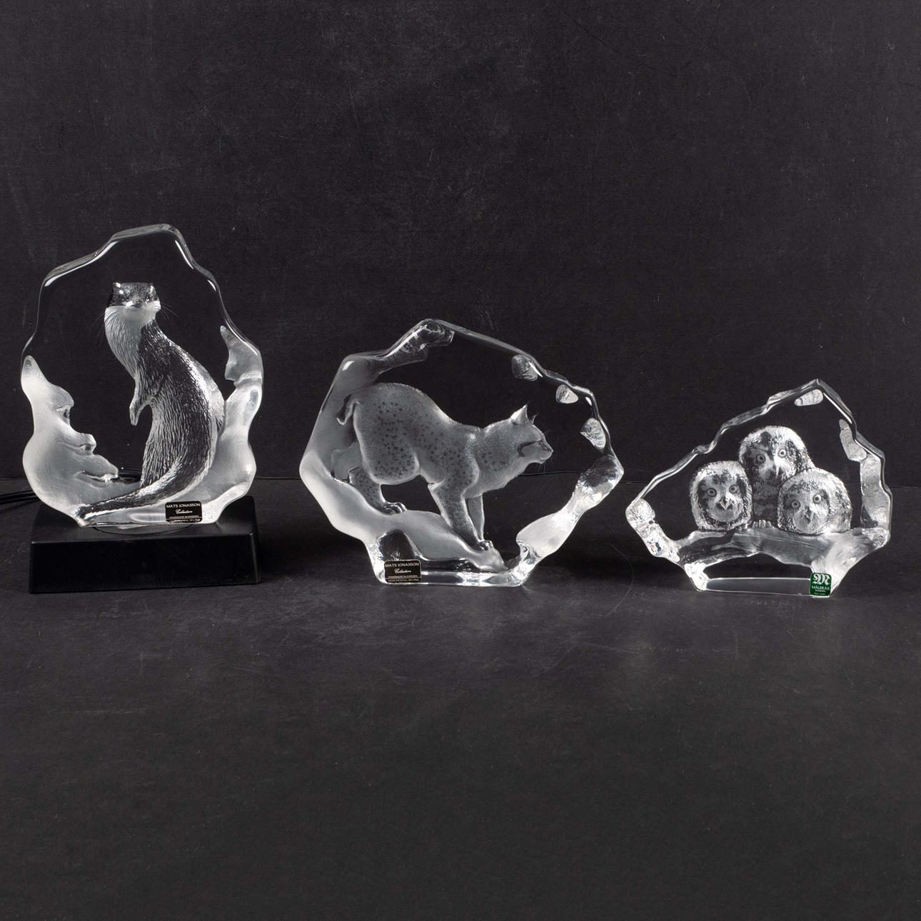 MATS JONASSON. Glasblokke, 3 stk og belysningsbase.