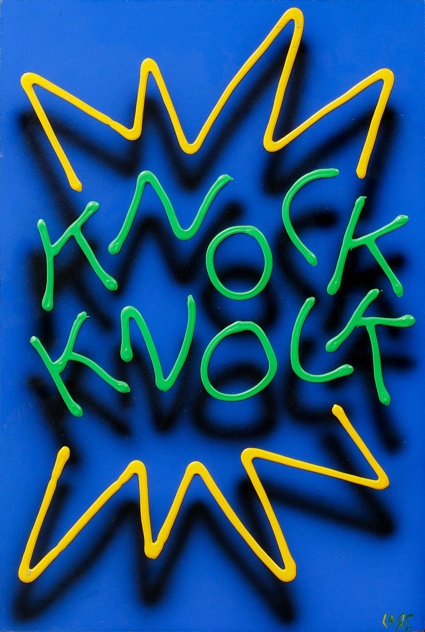 LARS TUNEBO. Triptych, “Knock knock”, mixed media on panel, signed.