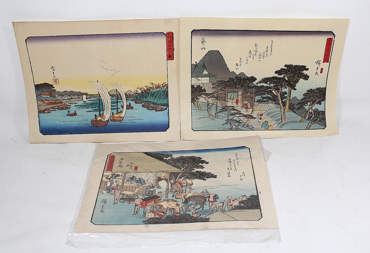 TRÄSNITT, 3 st, signerade Ando Hiroshige, Japan, tidigt 1900-tal.