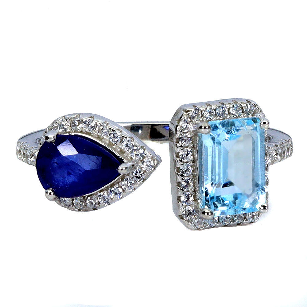 SAFIR OG BLÅ TOPAS SØLV RING.