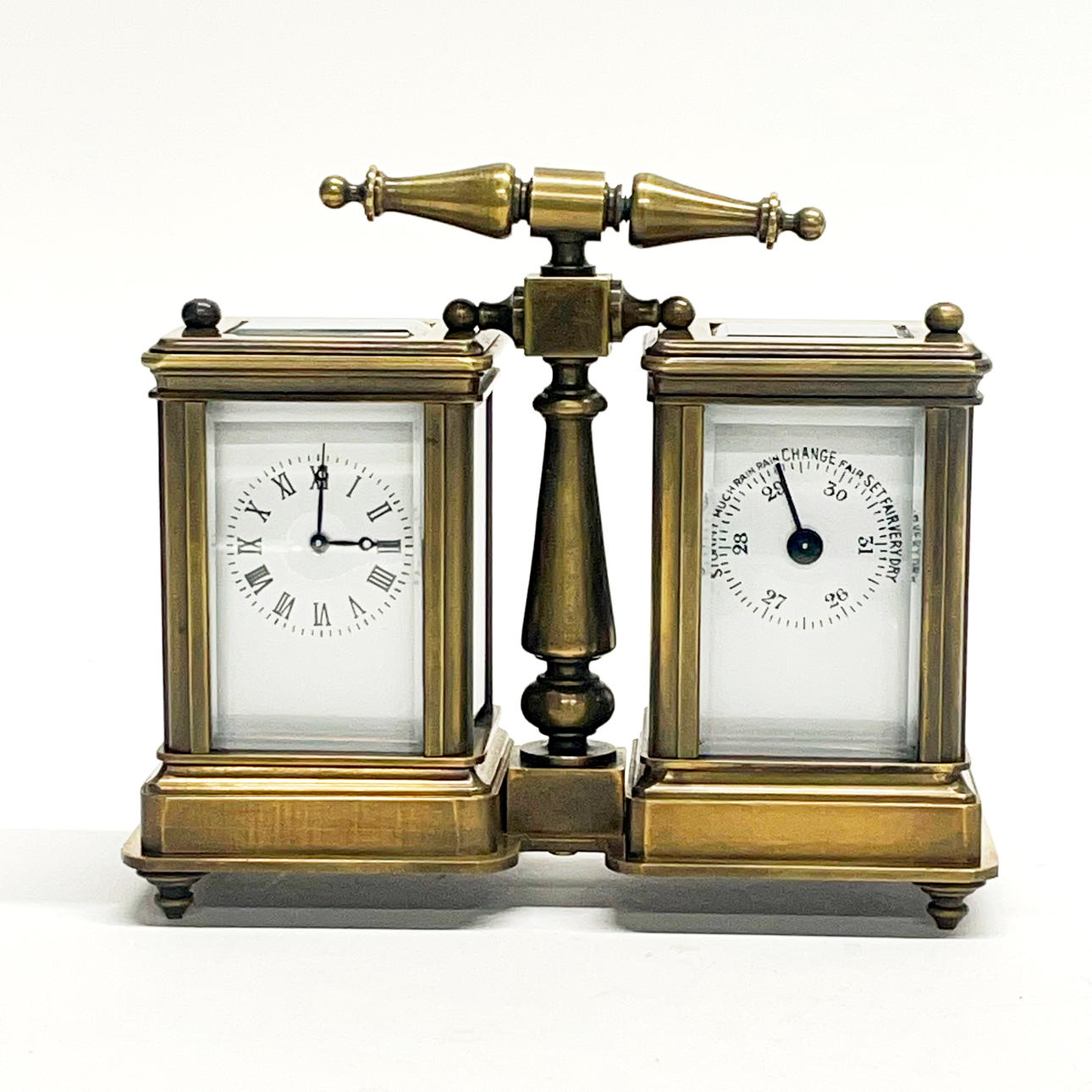 BRASS CARRIAGE STYLE MINIATURE CLOCK BAROMETER.