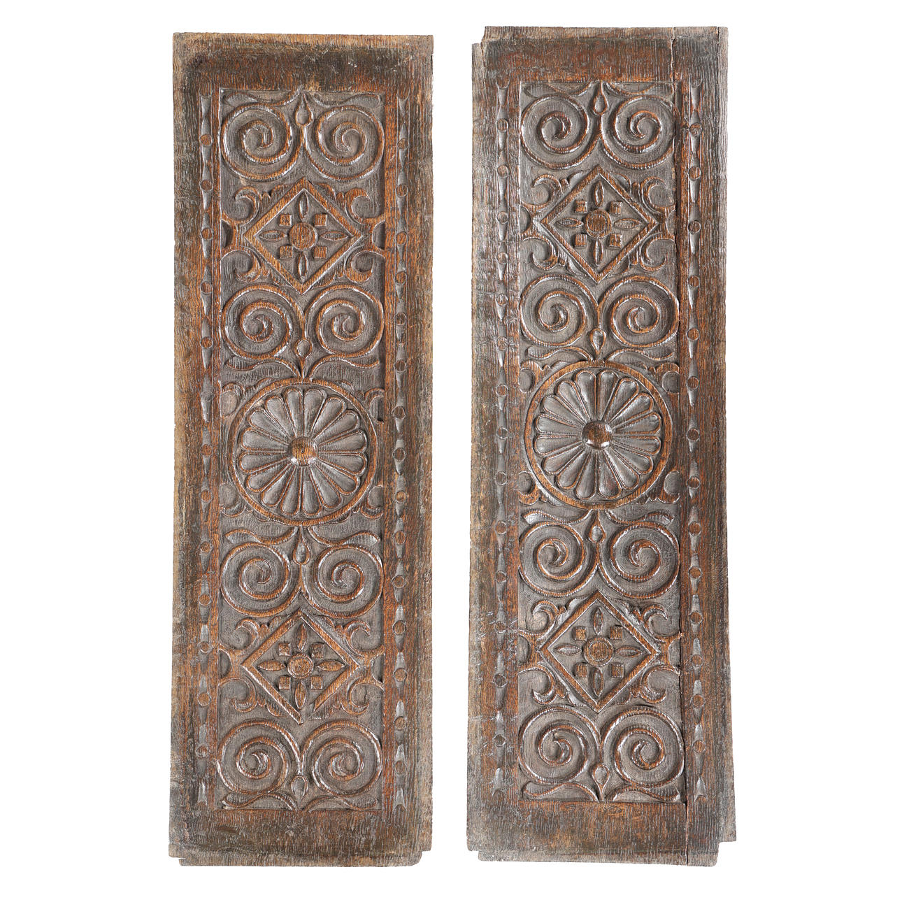 A PAIR OF 17TH CENTURY OAK JEWEL STRAPWORK PANELS (2). Furniture ...