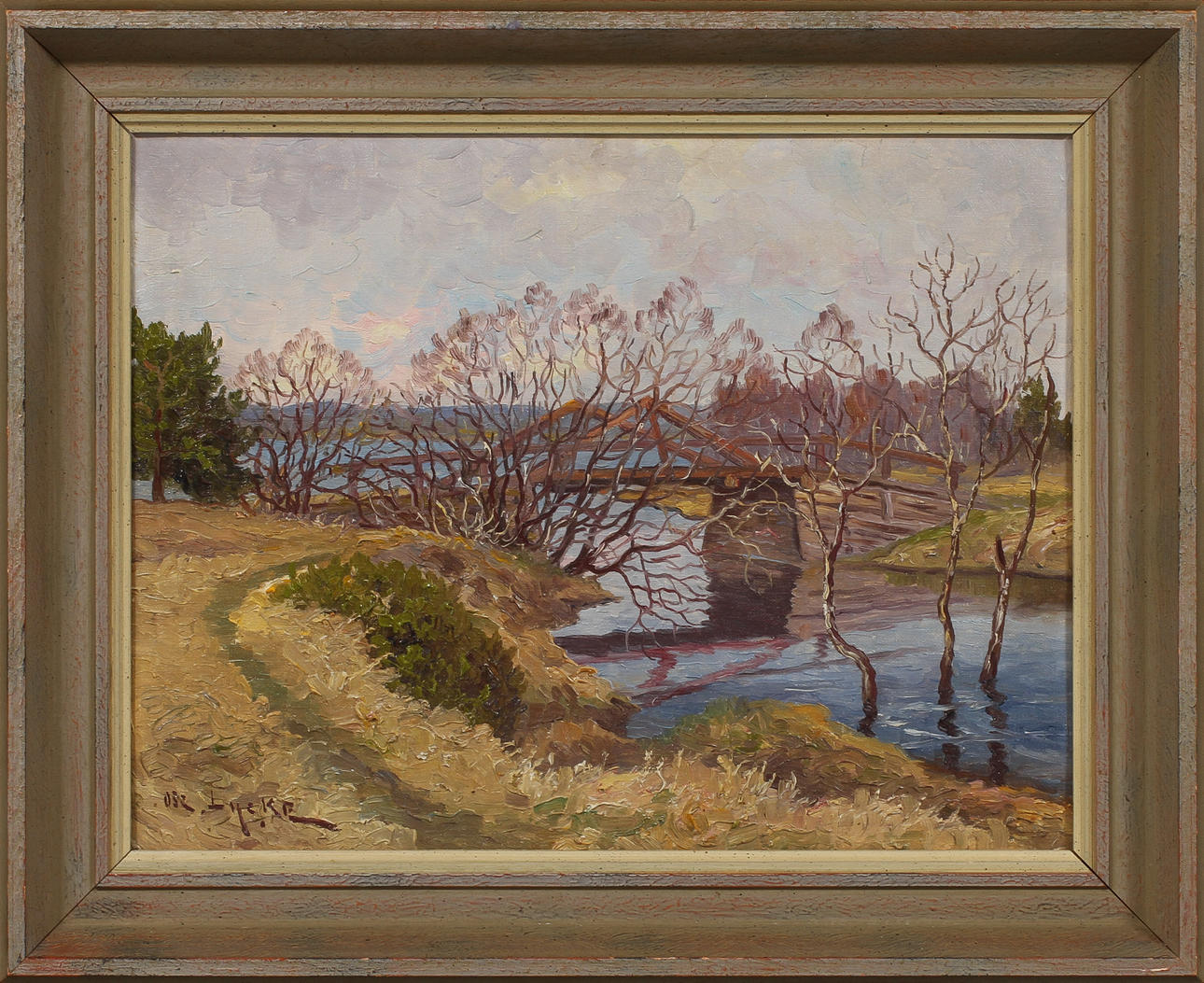 OSCAR LYCKE. Bro över å, olja på duk, uppspänd på pannå.