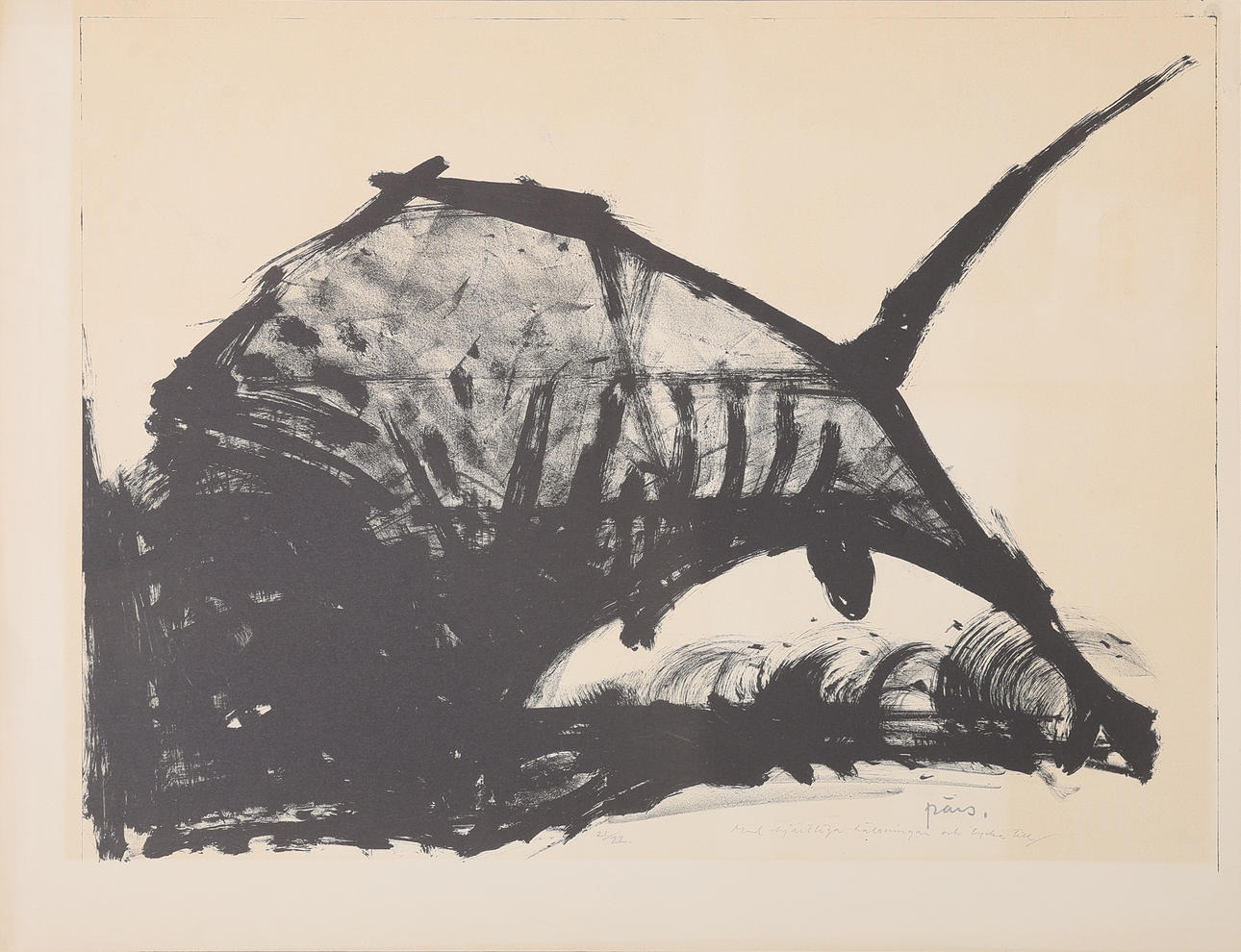 PÄR SANDBERG 1925-2016. LITHOGRAPH, BULL, SIGNED, NUMBERED 21/22, WITH DEDICATION.