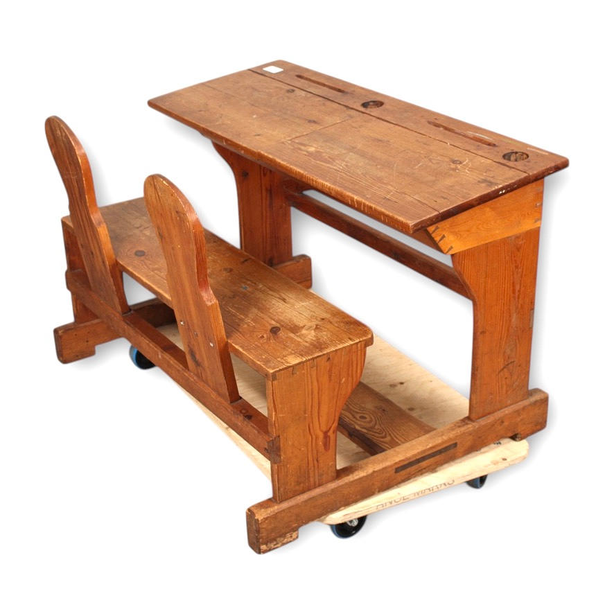 A double school bench, pine, early 20th century.