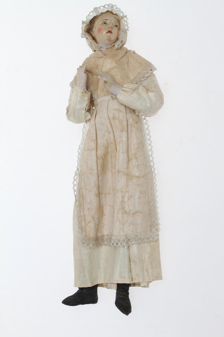DOCKA för krubba ITALIEN cirka 1840, kvinna gjord av lergods med originalklädsel.