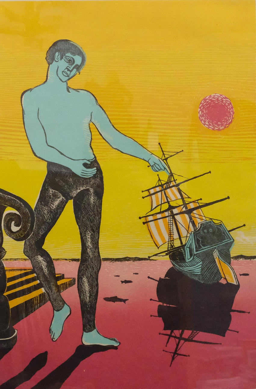 KARL-GUSTAV THULIN. MANN MIT SCHIFF, LINOLEUMSCHNITT.