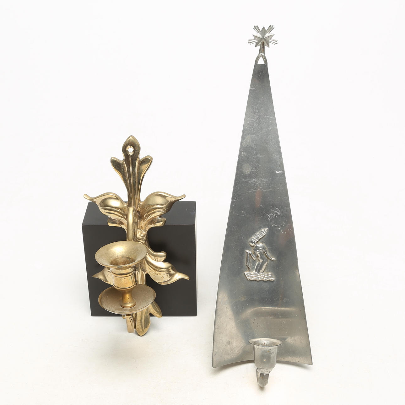 WALL CANDLESTICKS, 2 pieces, tin and brass.