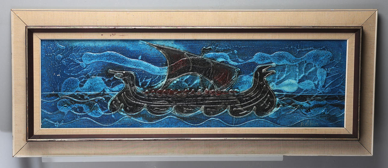 POEM ÖBERG. Mixed media on panel, “Viking ship” Signed.
