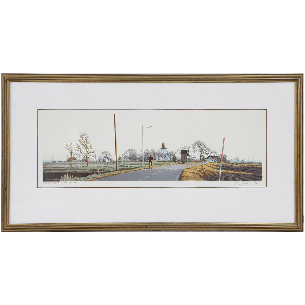 JOHAN PERSSON. “SPRING EVENING IN SEGERSTAD, ÖLAND” LITHOGRAPH IN COLOURS, SIGNED, DATED -93, GLAZED.