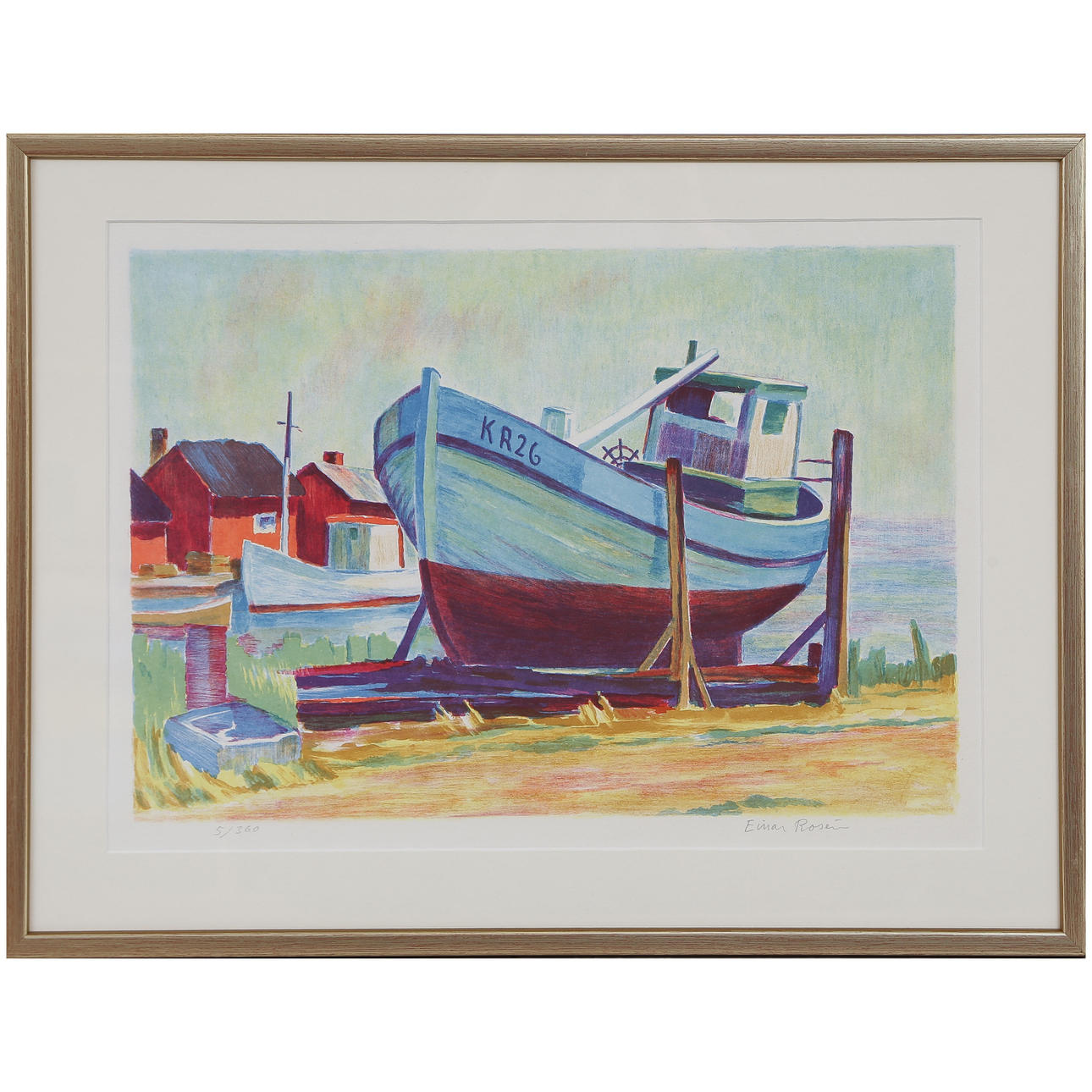 EINAR ROSÉN. “BLÄSINGE HAMN ÖLAND” LITHOGRAPH IN COLOURS, SIGNED, NUMBERED 5/360, GLAZED.
