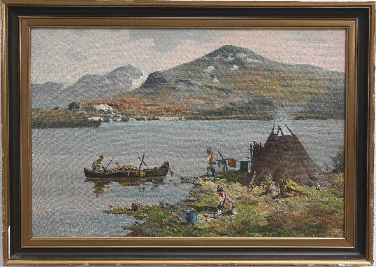 VILHELM ENGSTRÖM. Samer vid fjällsjö. Olja på duk, signerad.