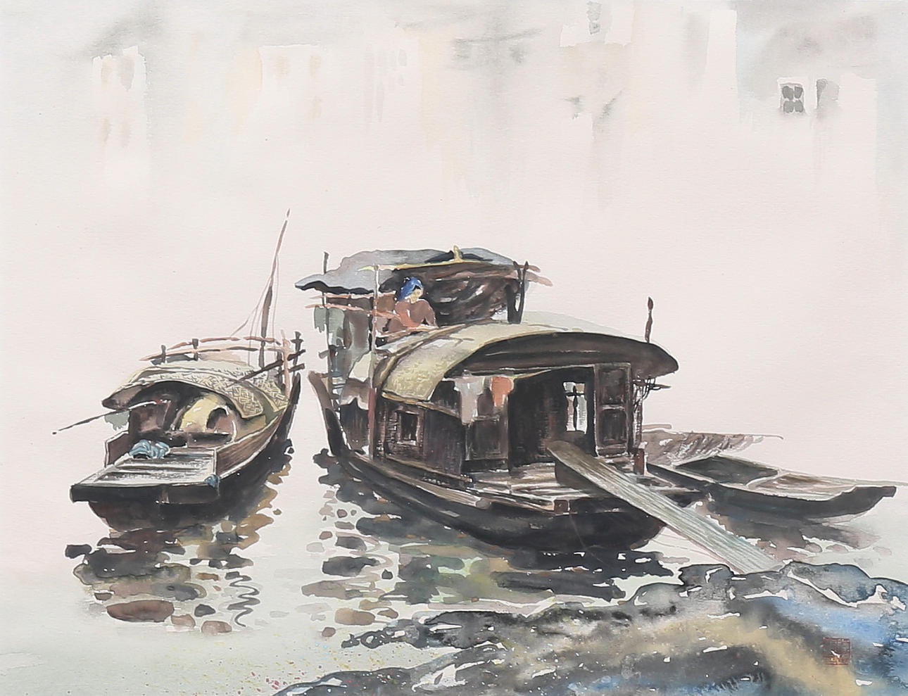 OIDENTIFIERAD KONSTNÄR. Boote vor Anker. Aquarell, signiert, China.