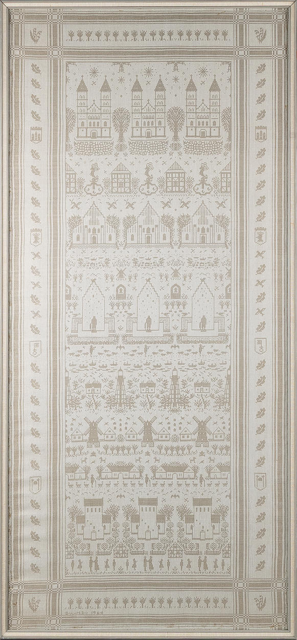 WALL TEXTILE, damask, decor with buildings, dated 1964.