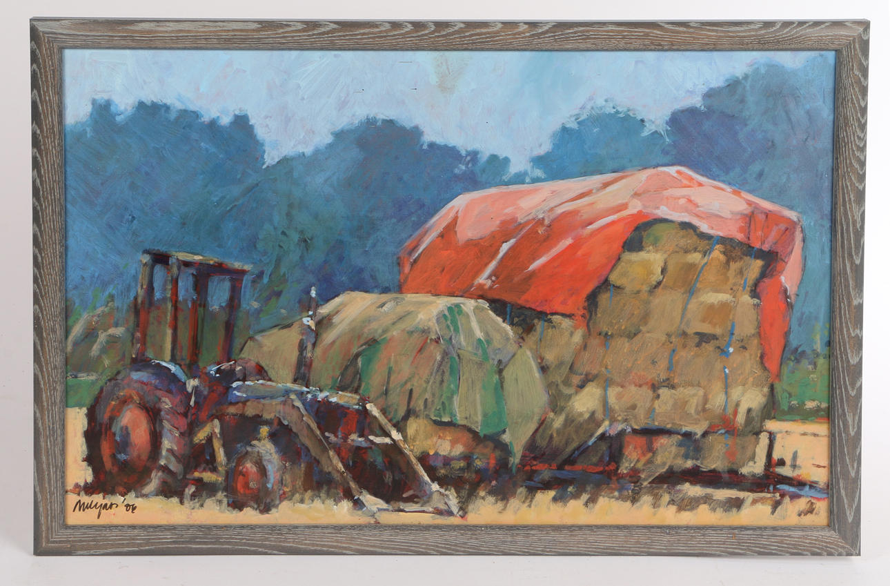 NICK LYONS (BRITISH, B.1954) 'BURNELLS FARM, TWO STACKS'.