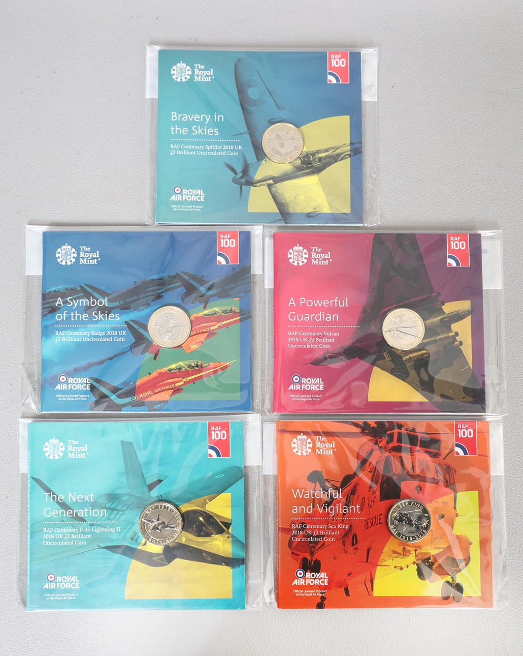 FIVE 2018 ROYAL MINT RAF £2 COIN PACKS.