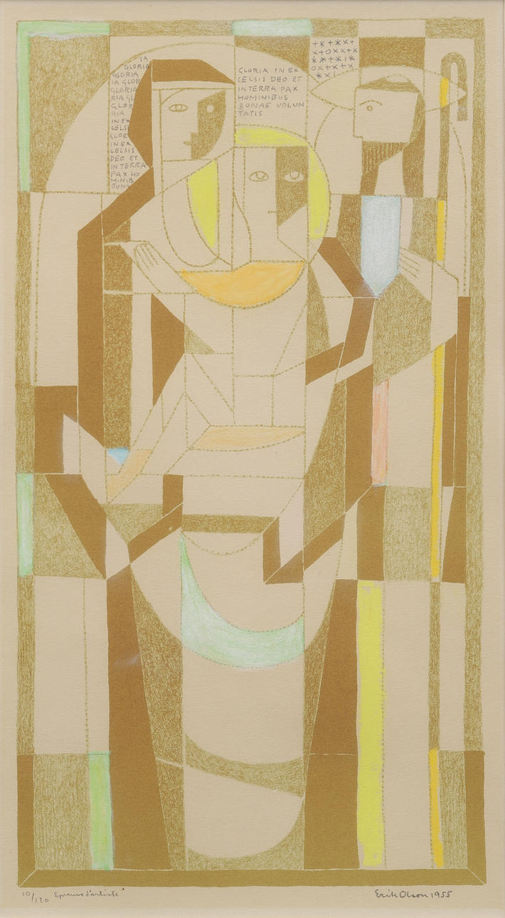 ERIK OLSON. “The Holy Family”, hand-coloured lithograph, signed and dated 1955.