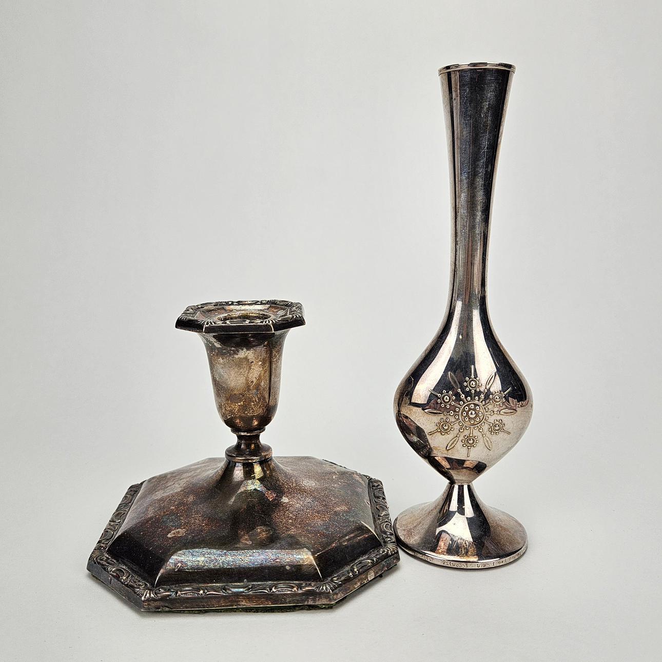 A silver vase and candlestick, 20th century.