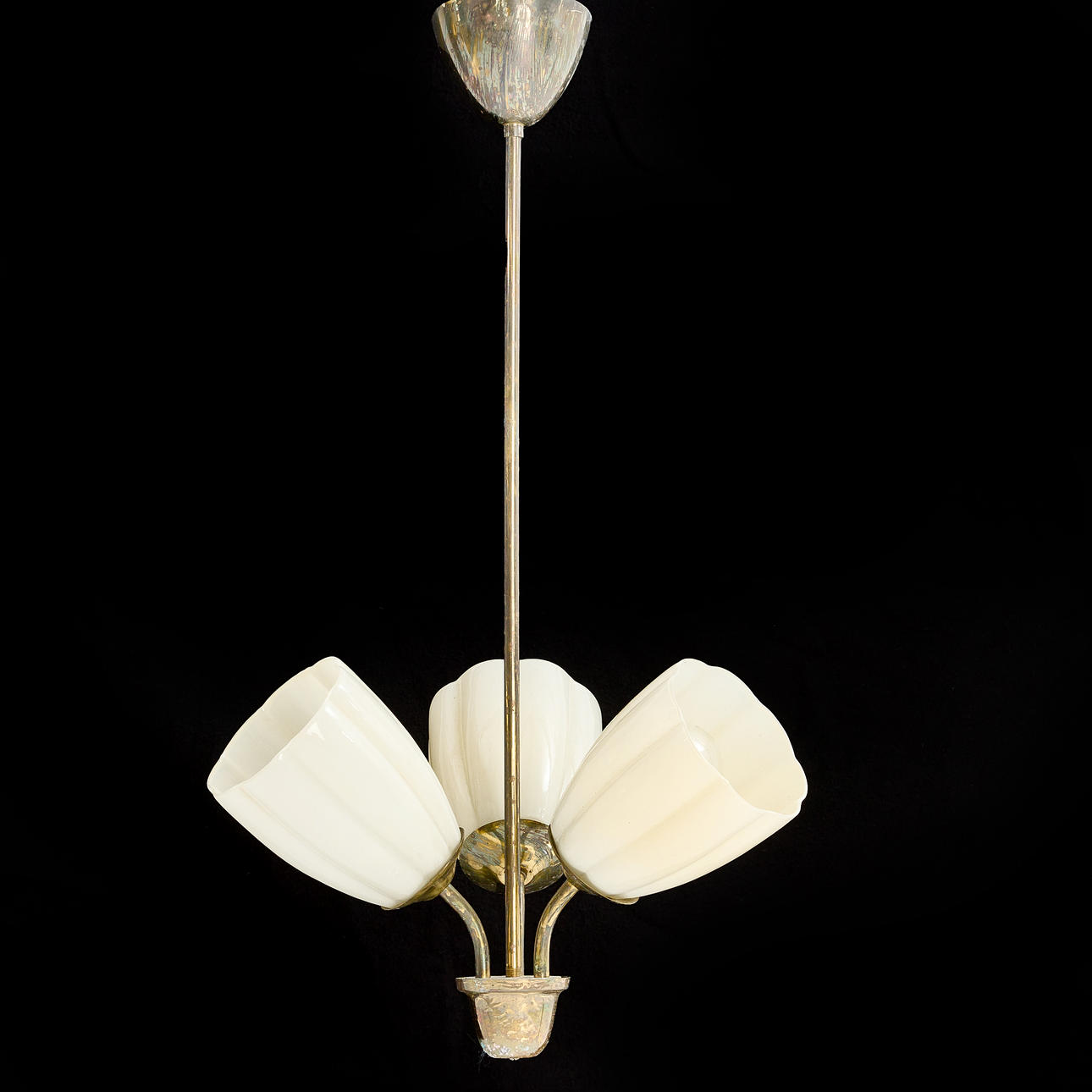 A three-light ceiling lamp, opal glass, brass frame, reportedly Finland, 1930s/40s.