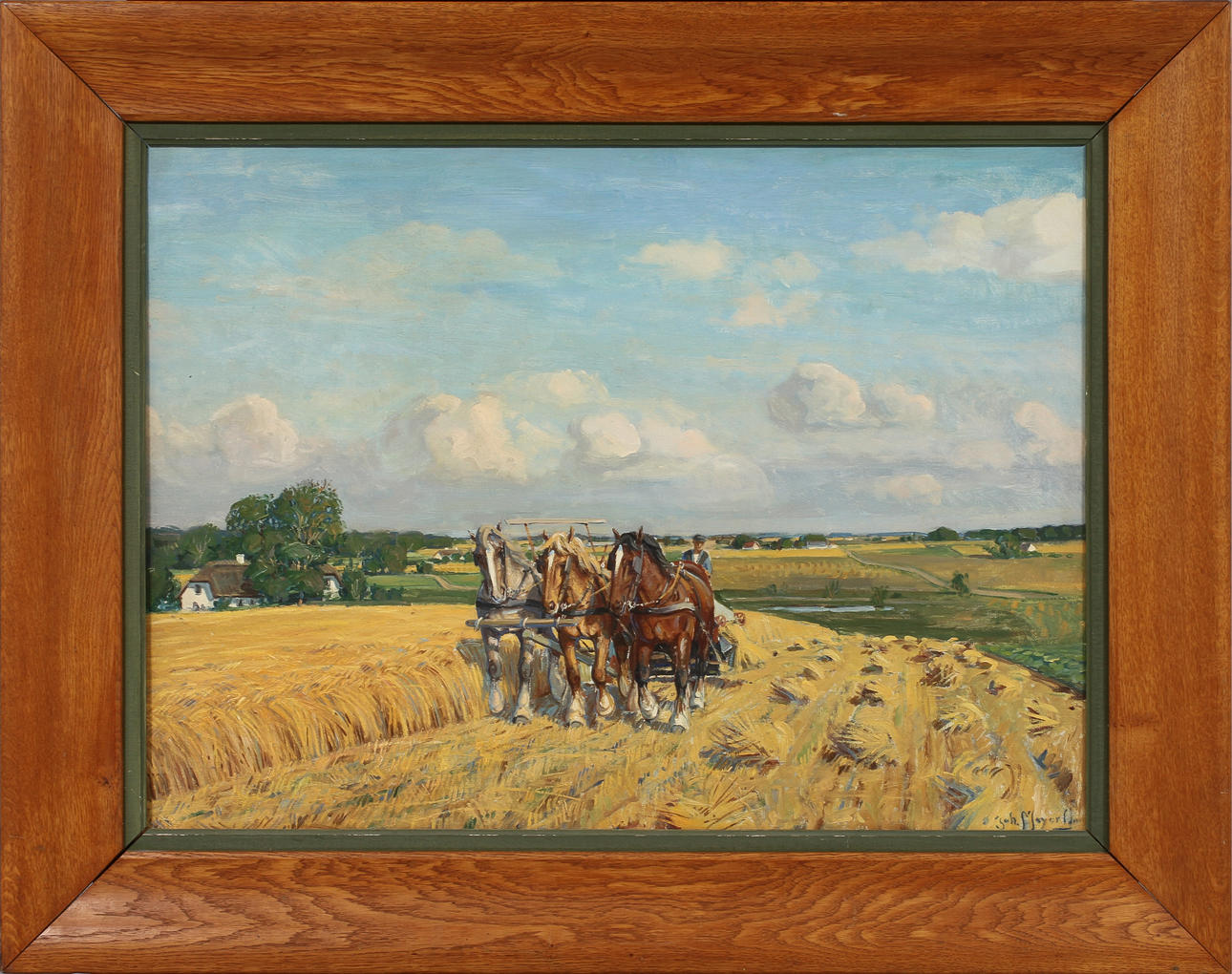 JOHAN MEYER ANDERSEN. Hästar i skördearbete. Olja på duk, signerad.