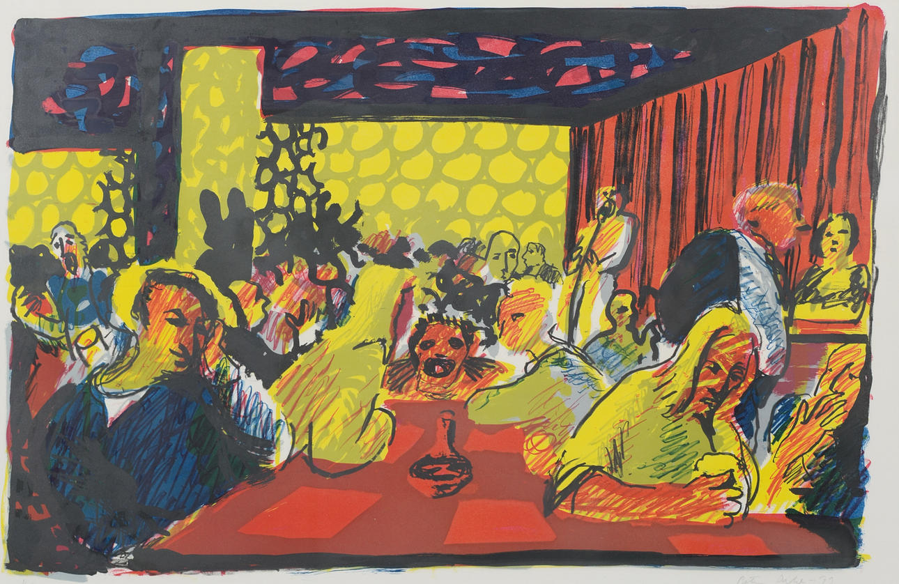 PETER DAHL. Restaurant scene, lithograph in colours, signed, numbered 11/260, dated -73.