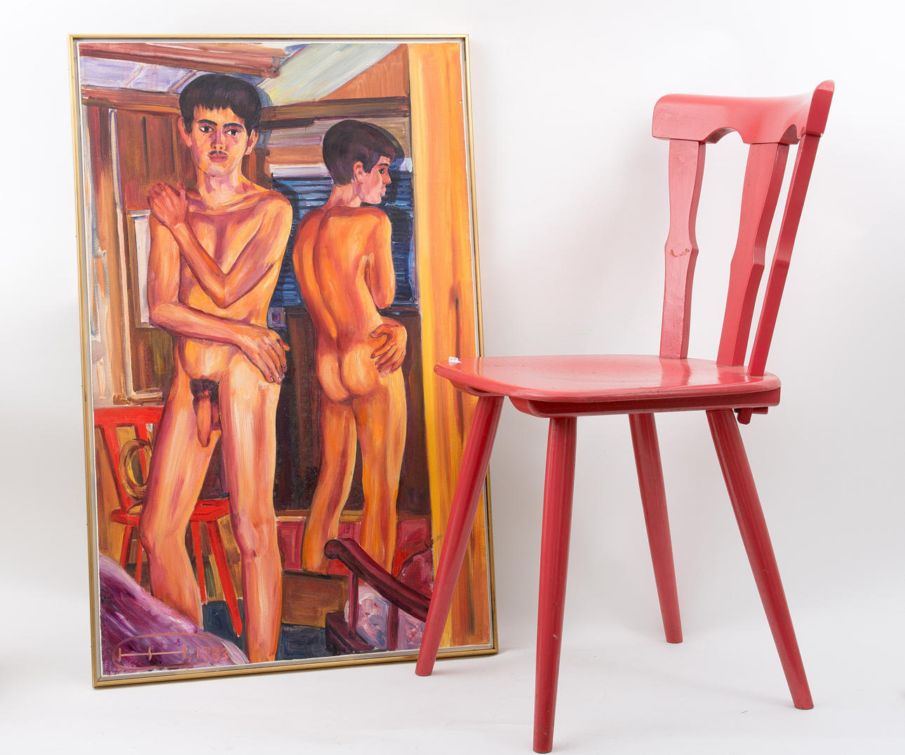 HAHN- SEEBRUCK. Manlig naken + stol, olja på duk, skylt.