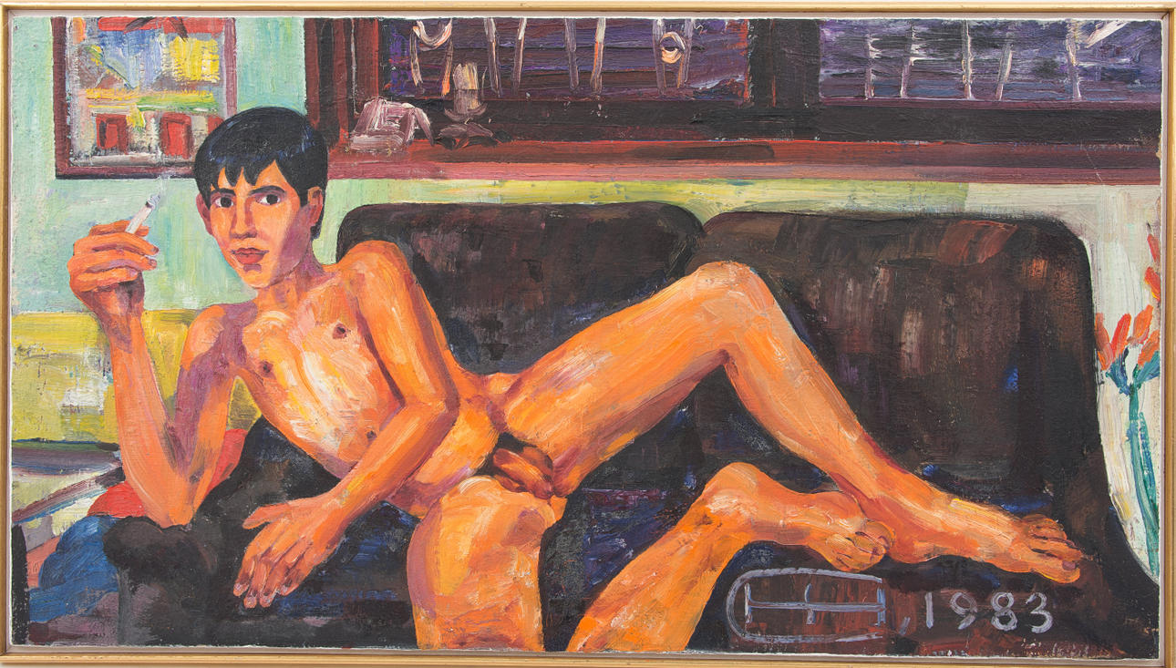 HANS HAHN-SEEBRUCK. Manlig naken liggande, olja på duk, sign.and dat.1983.