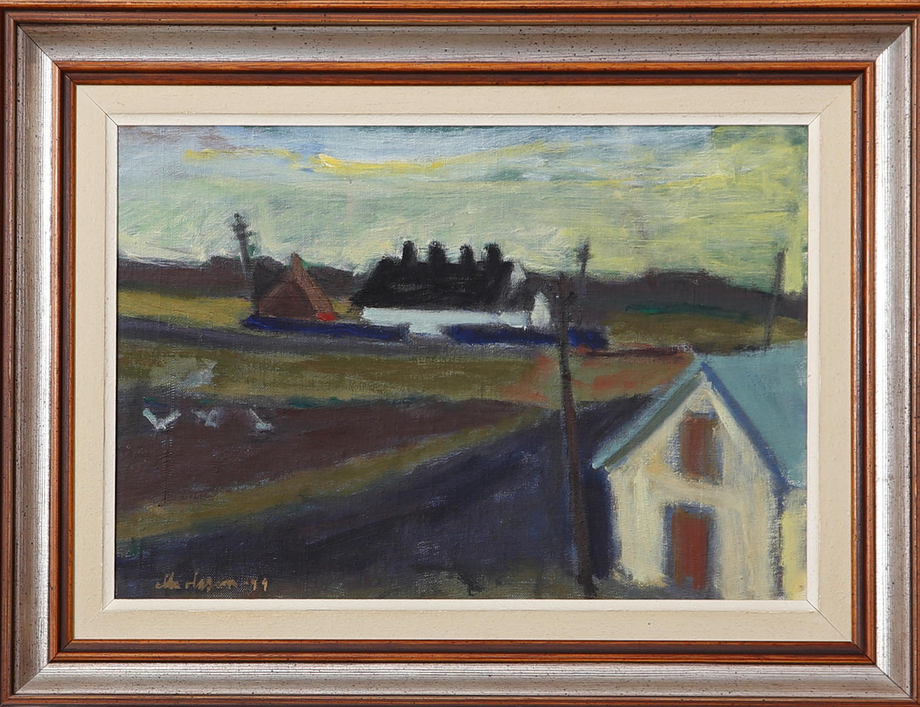 EBBE OLSSON. Landskap med gårdar, olja på pannå, signerad och daterad -47.