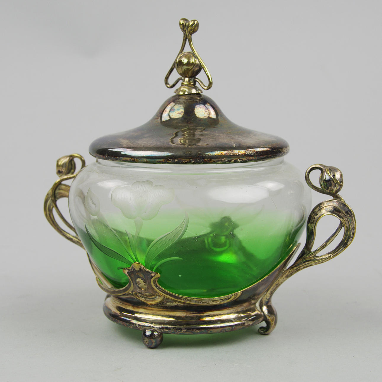 SKÅL MED LOCK, glas/nysilver, jugend, märkt WMF.