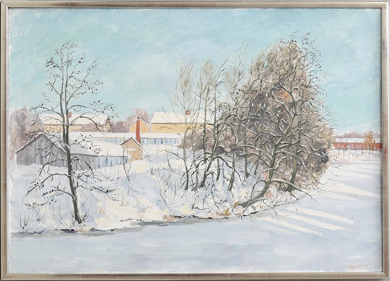 KENNETH SJÖÖ. Vinterlandskap med fabriksbyggnader. Olja på duk, signerad och daterad -77.