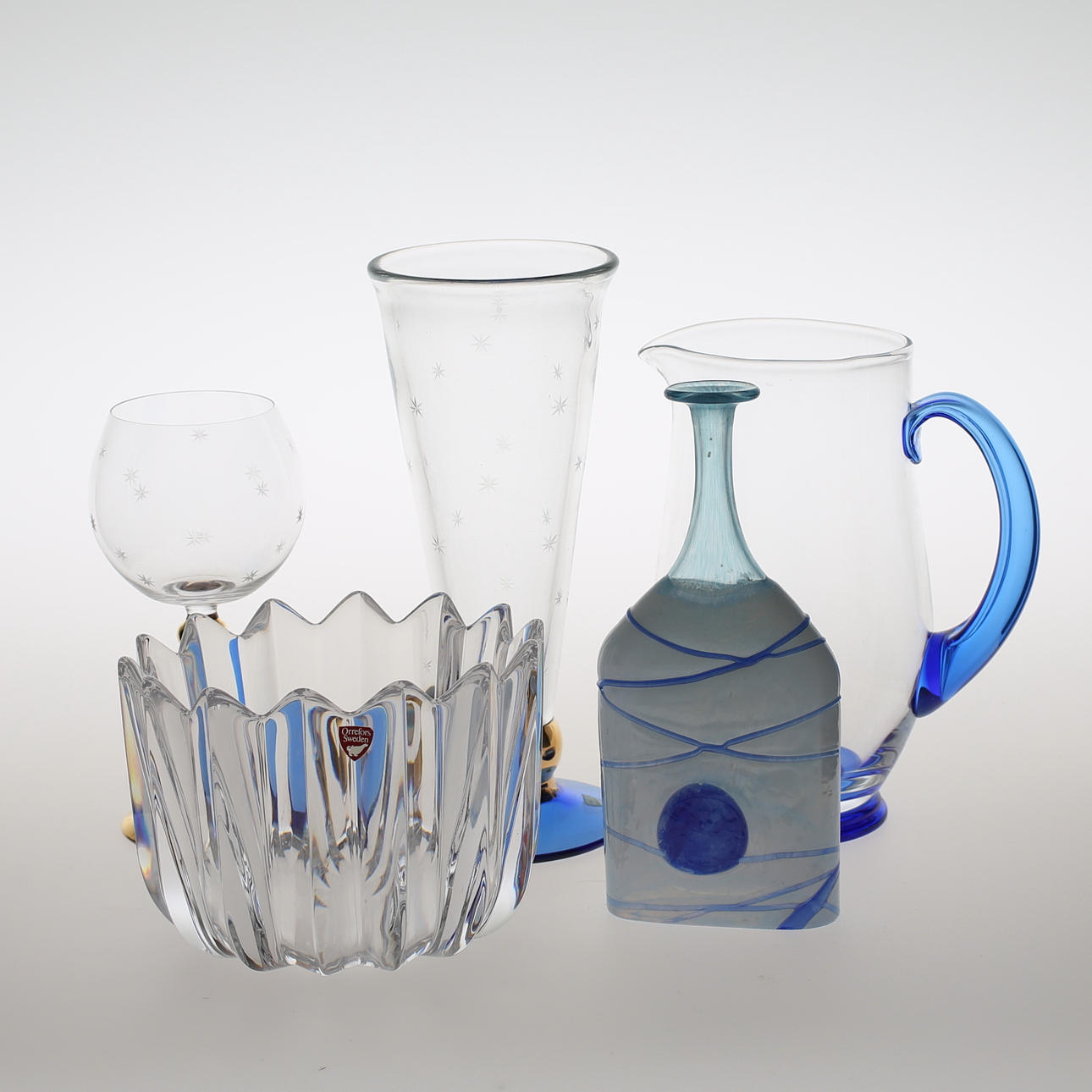 GLASFÖREMÅL, 5 st, Jan Johansson Orrefors, Bertil Vallien Kosta Boda.