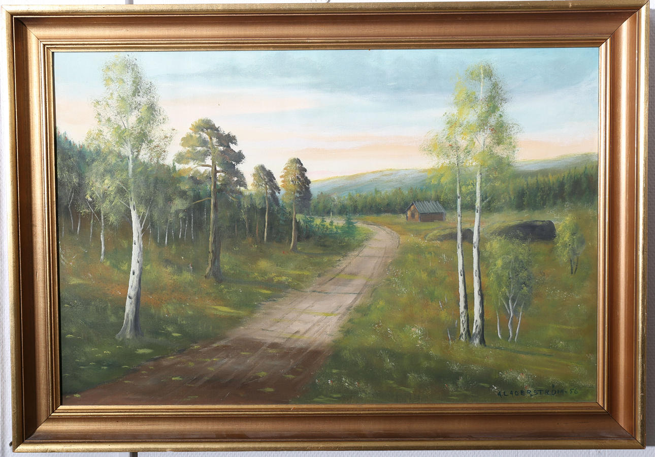 OIDENTIFIERAD KONSTNÄR. Olja på duk, Landsväg med björkar, signerad A Lagerström, daterad -56.